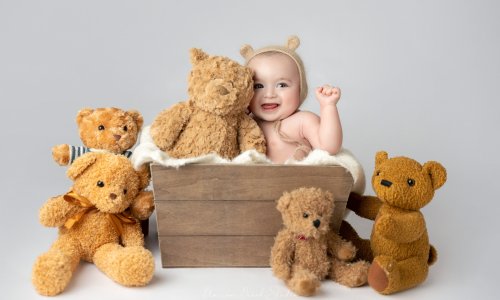 Newborn Photography Blog | Blossom Brook Studio 580 Baby surrounded by plush teddy bears.