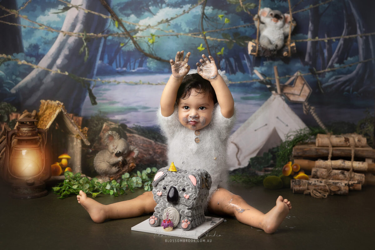 cake smash baby in koala costume hands up exicted