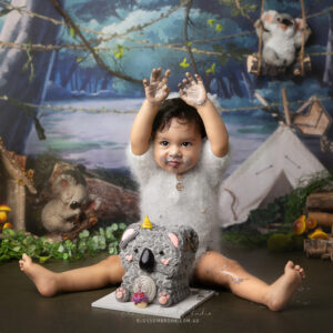 cake smash baby in koala costume hands up exicted