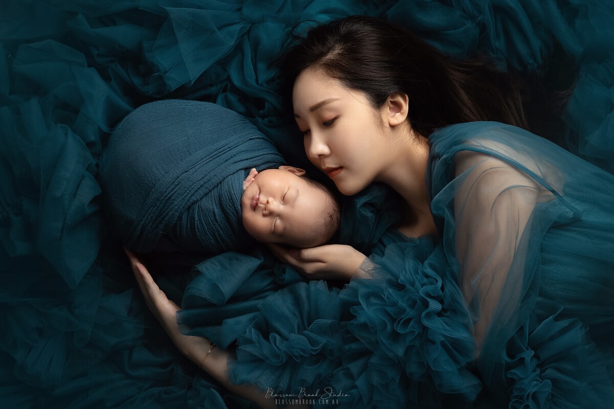 newborn photography baby boy with mum in blue dress