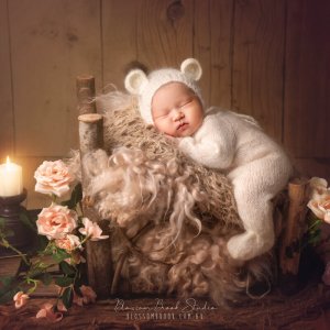 newborn photography baby lie on bed in bear costume
